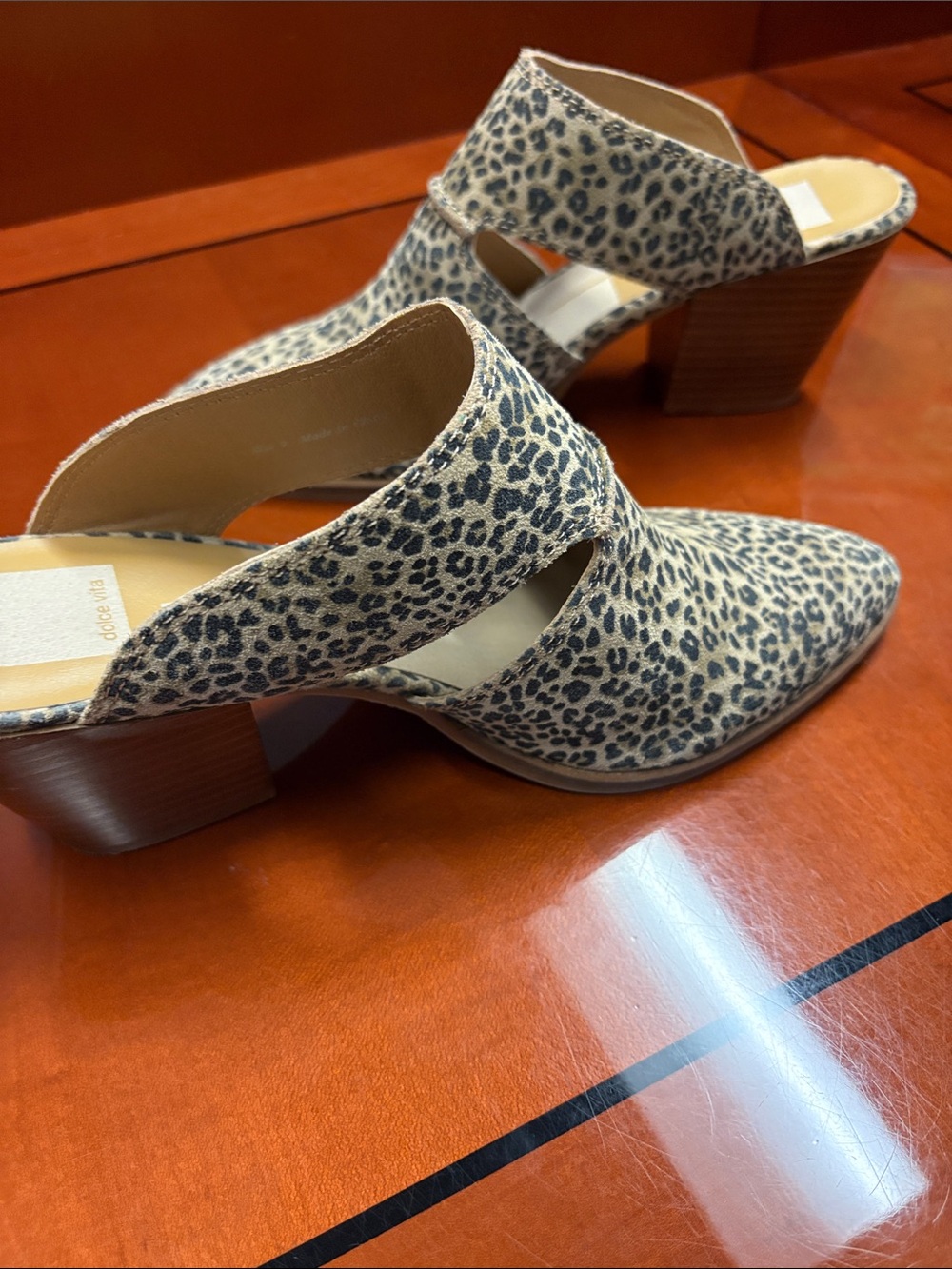 Dolce Vita Leopard Print Open-Side Block Heel Mules - Beige/Black - Picture 5 of 7